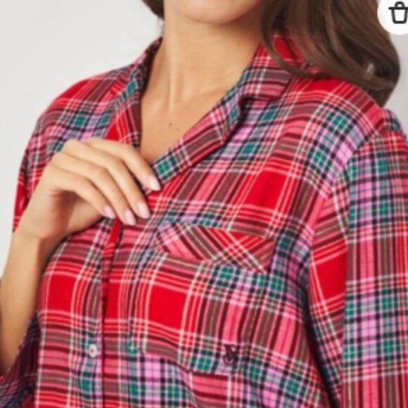 Victoria's Secret Red Pink Green Plaid Gold Thread Pajama SET Size M Lounge EUC - Picture 1 of 10